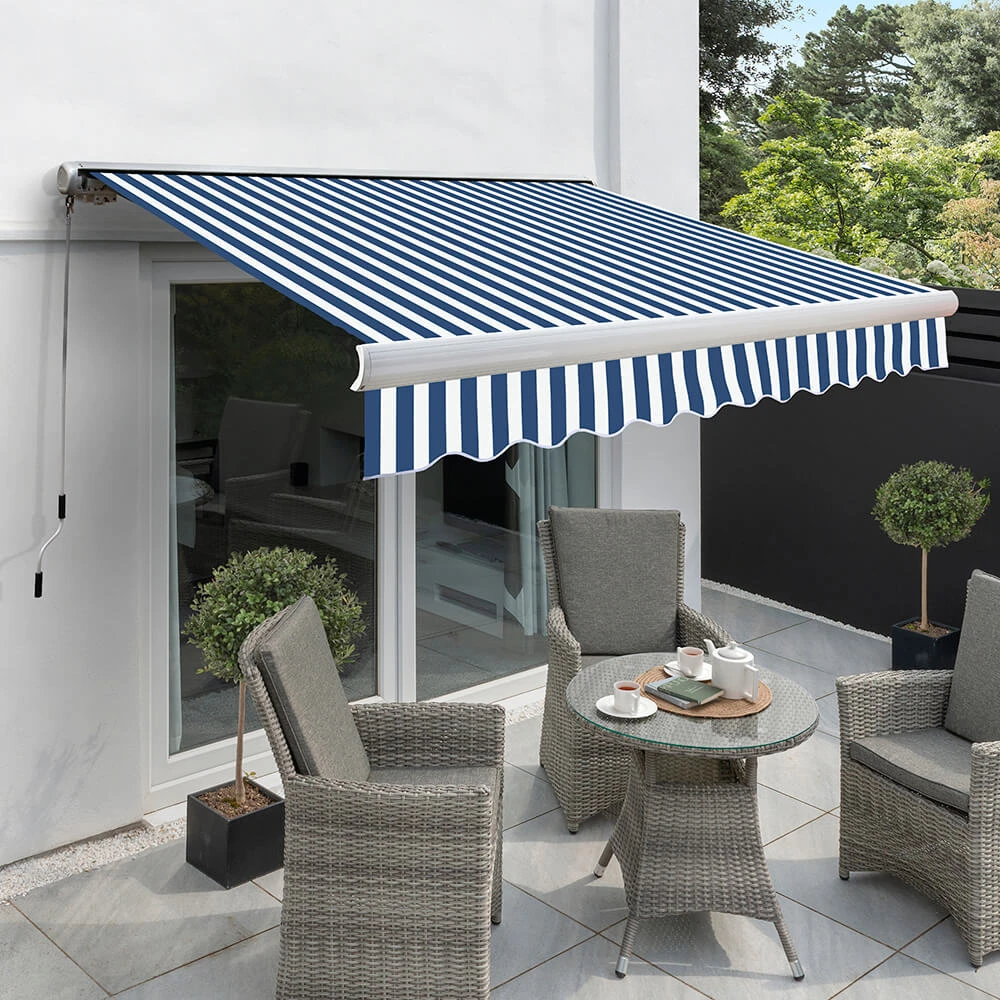 4.5m Full Cassette Manual Awning, Blue And White Stripe 1 4.5m Full Cassette Manual Awning, Blue And White Stripe