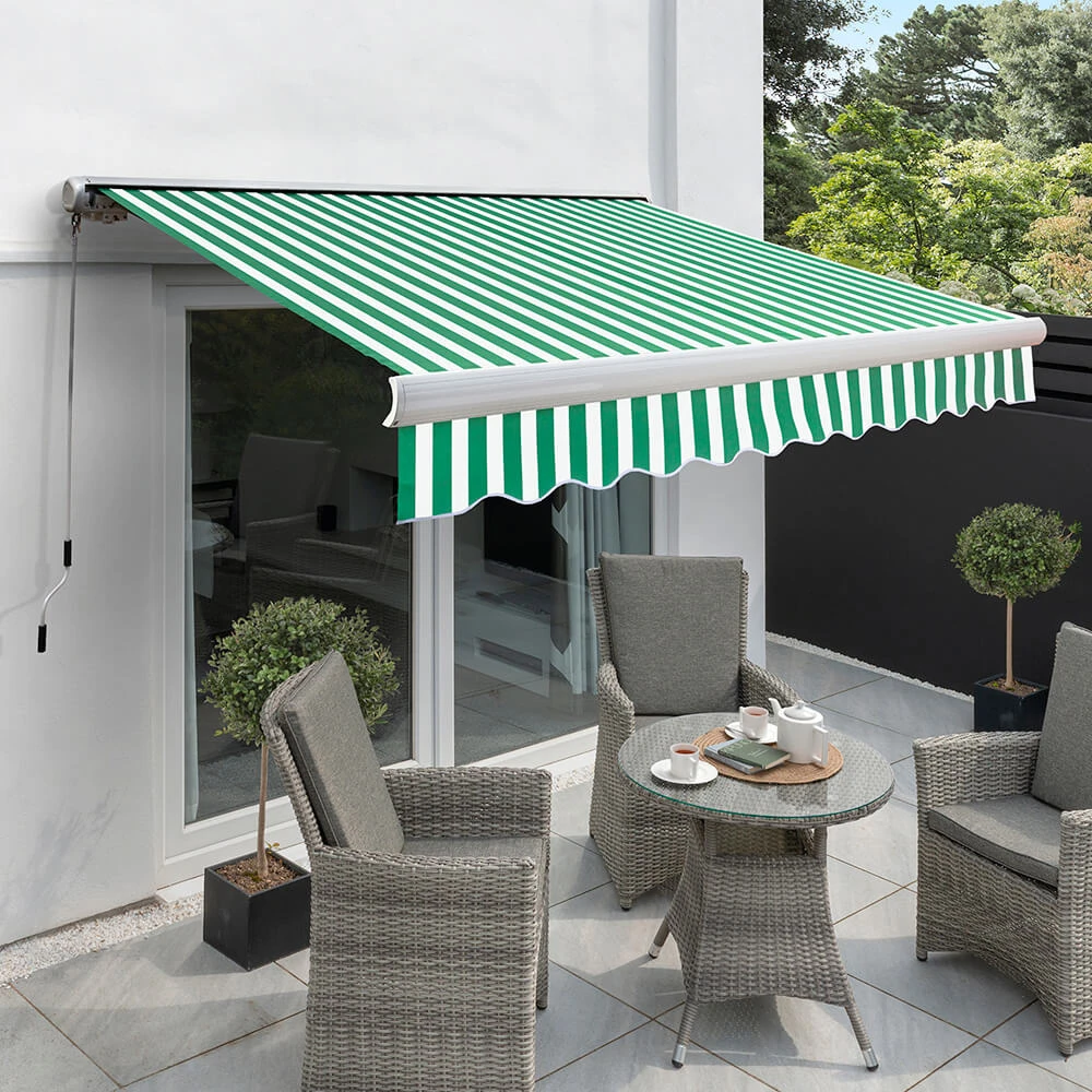 2.5m Full Cassette Manual Awning, Green And White Stripe 1 2.5m Full Cassette Manual Awning, Green And White Stripe