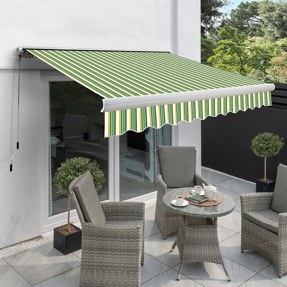 3.5m Full Cassette Manual Awning, Green Stripe Acrylic 1 3.5m Full Cassette Manual Awning, Green Stripe Acrylic