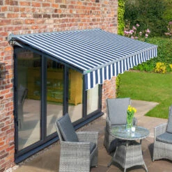 2.5m Half Cassette Manual Blue And White Awning (Charcoal Cassette)