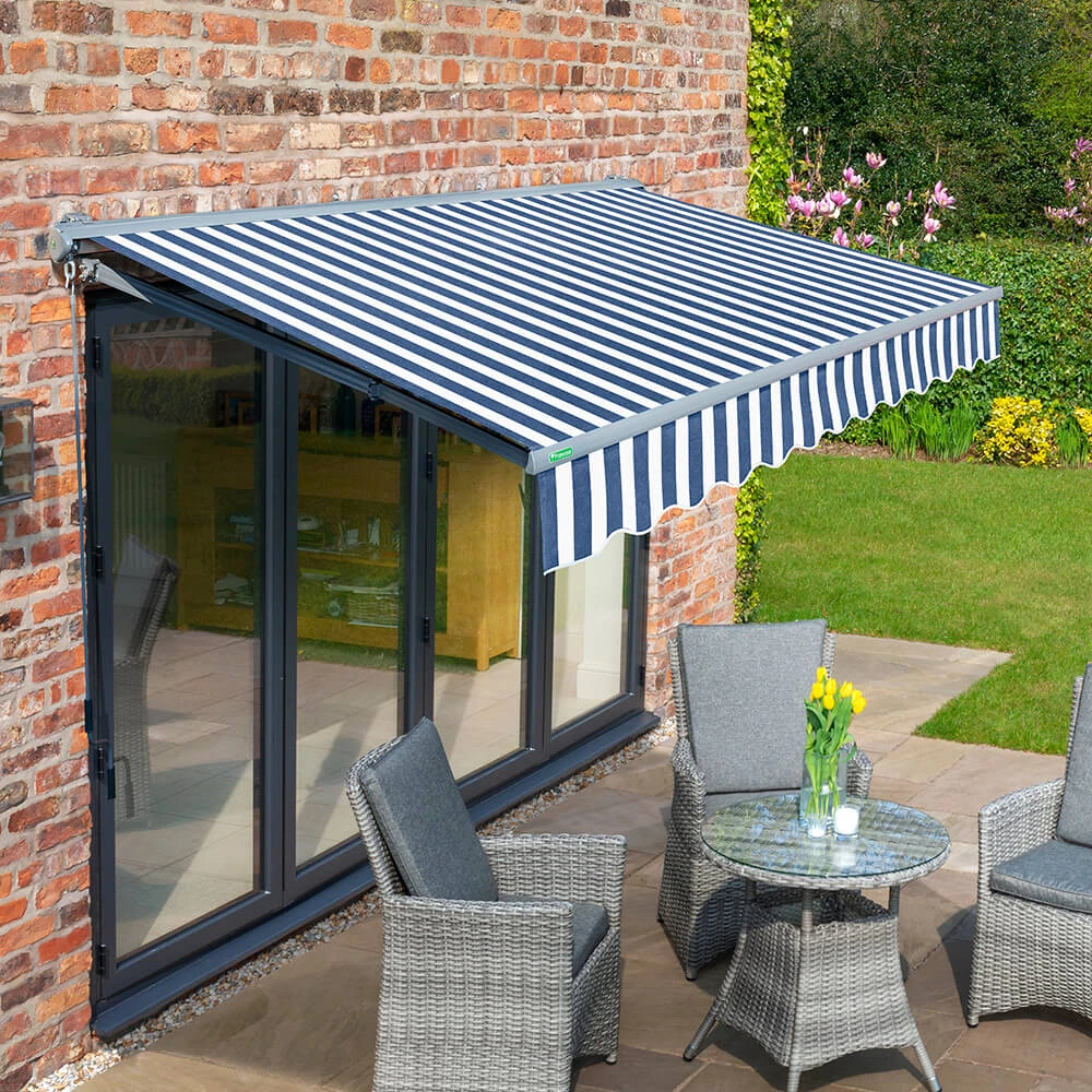 3.5m Half Cassette Electric Blue And White Awning (Charcoal Cassette) 1 3.5m Half Cassette Electric Blue And White Awning (Charcoal Cassette)