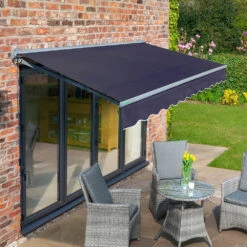 3.5m Half Cassette Electric Plain Dark Blue Awning (Charcoal Cassette)