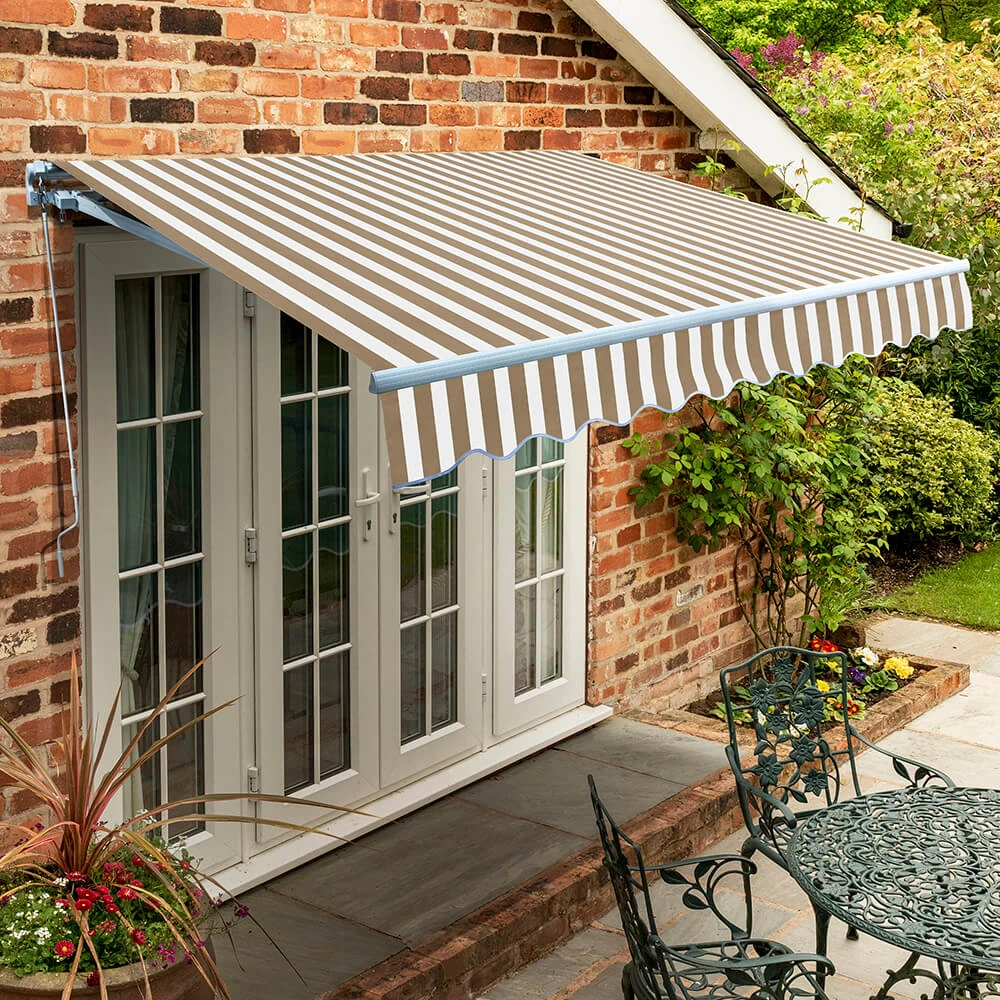 3m Standard Manual Awning, Mocha Brown And White Stripe 1 3m Standard Manual Awning, Mocha Brown And White Stripe
