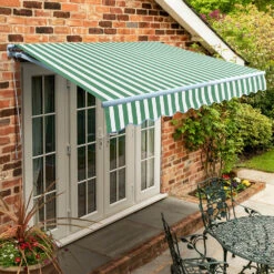 3.0m Standard Manual Awning, Green And White Even Stripe