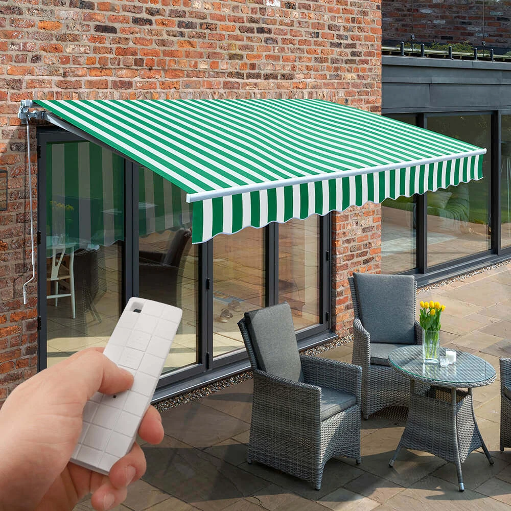 3.5m Budget Wireless Electric Awning, Green And White 1 3.5m Budget Wireless Electric Awning, Green And White