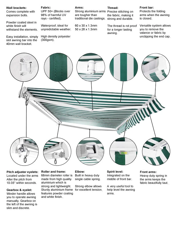 5m Standard Manual Awning, Green Stripe 3 5m Standard Manual Awning, Green Stripe - Image 3