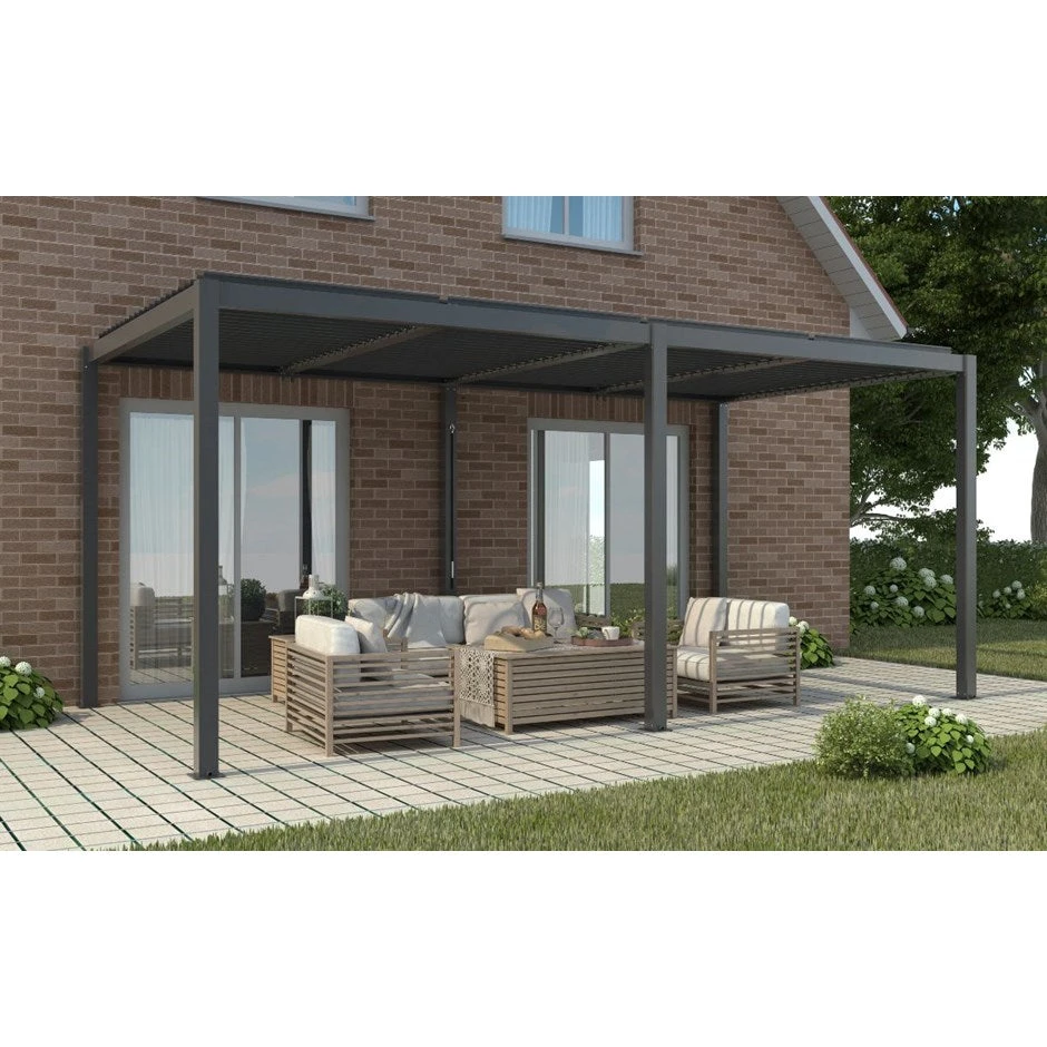 6m X 3m Deluxe Charcoal Pergola With Louvered Shutter Roof By Primrose Living 1 6m X 3m Deluxe Charcoal Pergola With Louvered Shutter Roof By Primrose Living