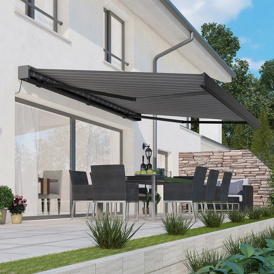 4.0M Deluxe Wireless Full Cassette Electric Awning With Lights (Charcoal Cassette) | Pin Stripe Grey 1 4.0M Deluxe Wireless Full Cassette Electric Awning With Lights (Charcoal Cassette) | Pin Stripe Grey